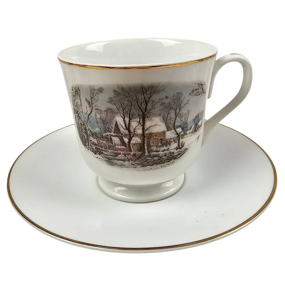 Vintage 1981 Avon Fine Porcelain Winter Cabin Tea Cup and Saucer Set Gold Trim